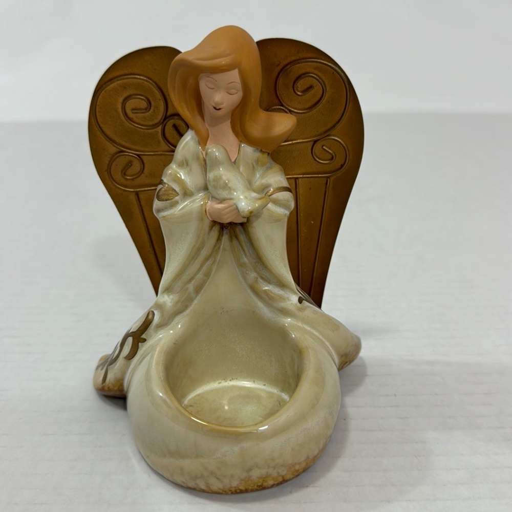 Yankee Candle Porcelain Pottery Angel Metal Wings & Dove TeaLight Candle Holder